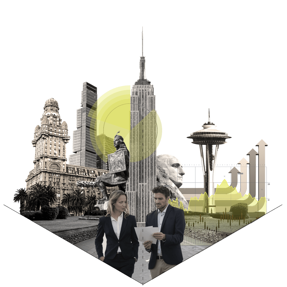 Collage de edificios y personas 